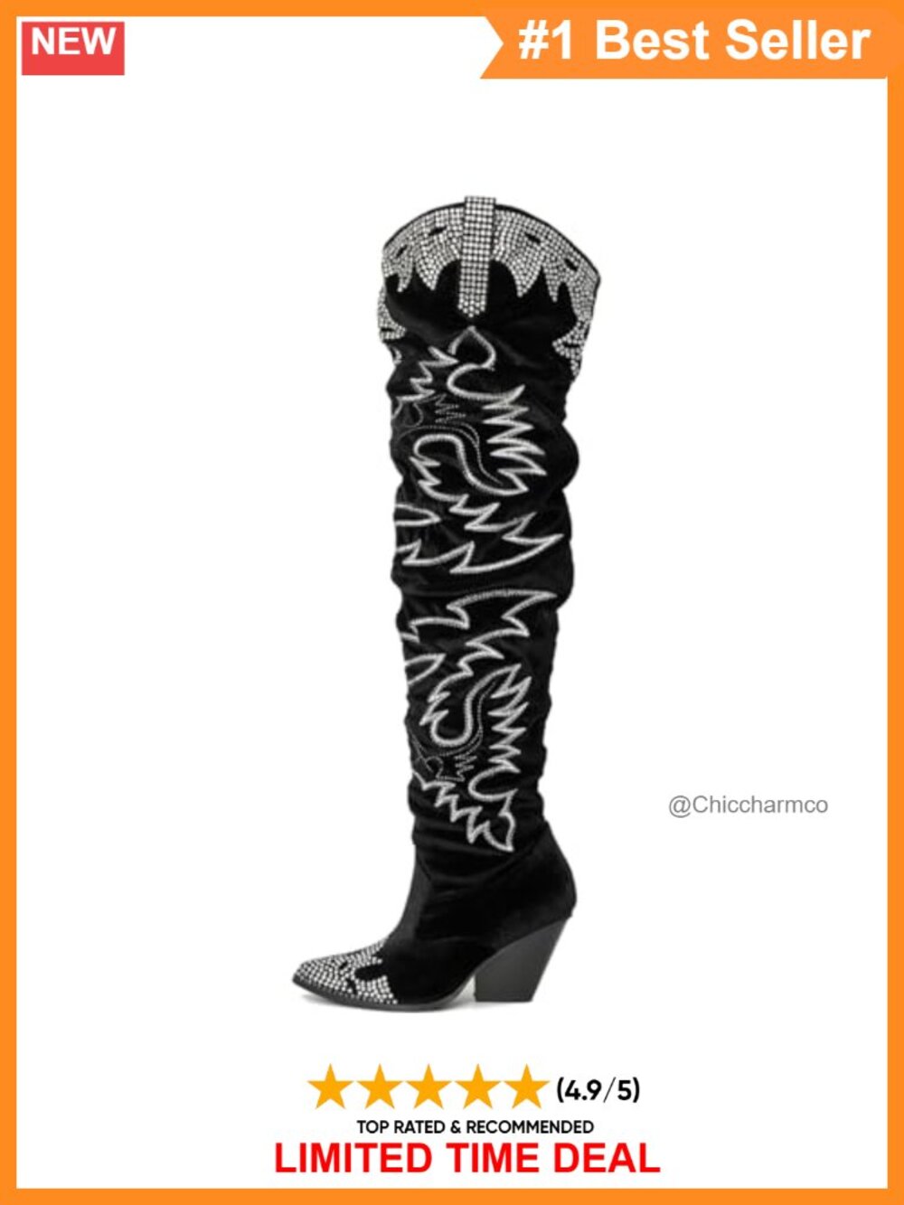 Rhinestone Embroidered Over the Knee Cowboy Boots Wide Calf Memory Foam Heel